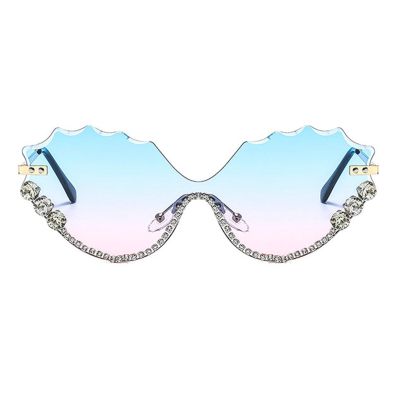 willochra Fashion Diamond Cat Eye Sunglasses for Women Rimless Rhinestone Sun Glasses Half frame Party bling Eyewear (blue pink)
