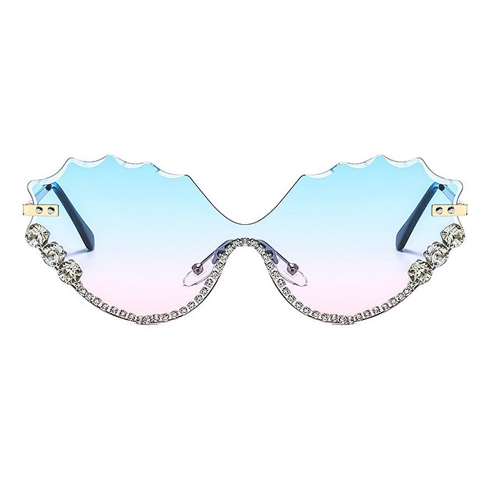 willochra Fashion Diamond Cat Eye Sunglasses for Women Rimless Rhinestone Sun Glasses Half frame Party bling Eyewear (blue pink)