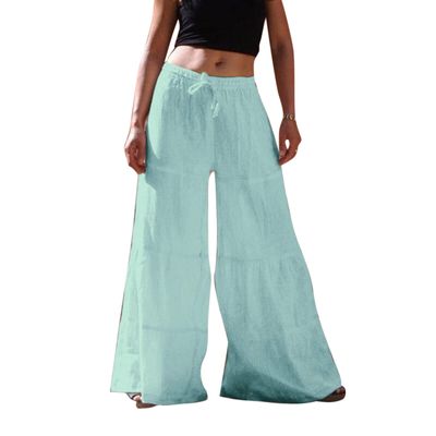 GOKKILRW Womens Wide Leg Pants Linen Loose Fit Oversized Elastic Waist Pleated Solid Long Pants Palazzo Boho Flowy Beach Pant Light Blue