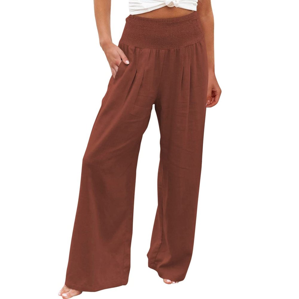GOKKILRW Women Wide Leg Linen Pants Elastic Waist High Rise Office Work Casual Solid Long Trousers Flowy Boho Palazzo Pants Brown