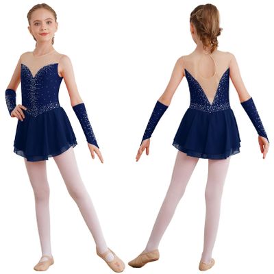 Agoky Girls Shiny Rhinestones Figure Skating Dress Ballet Lyrical Dance Costume Gymnastics Leotard Tutu Skirt Navy Blue D 8 Years