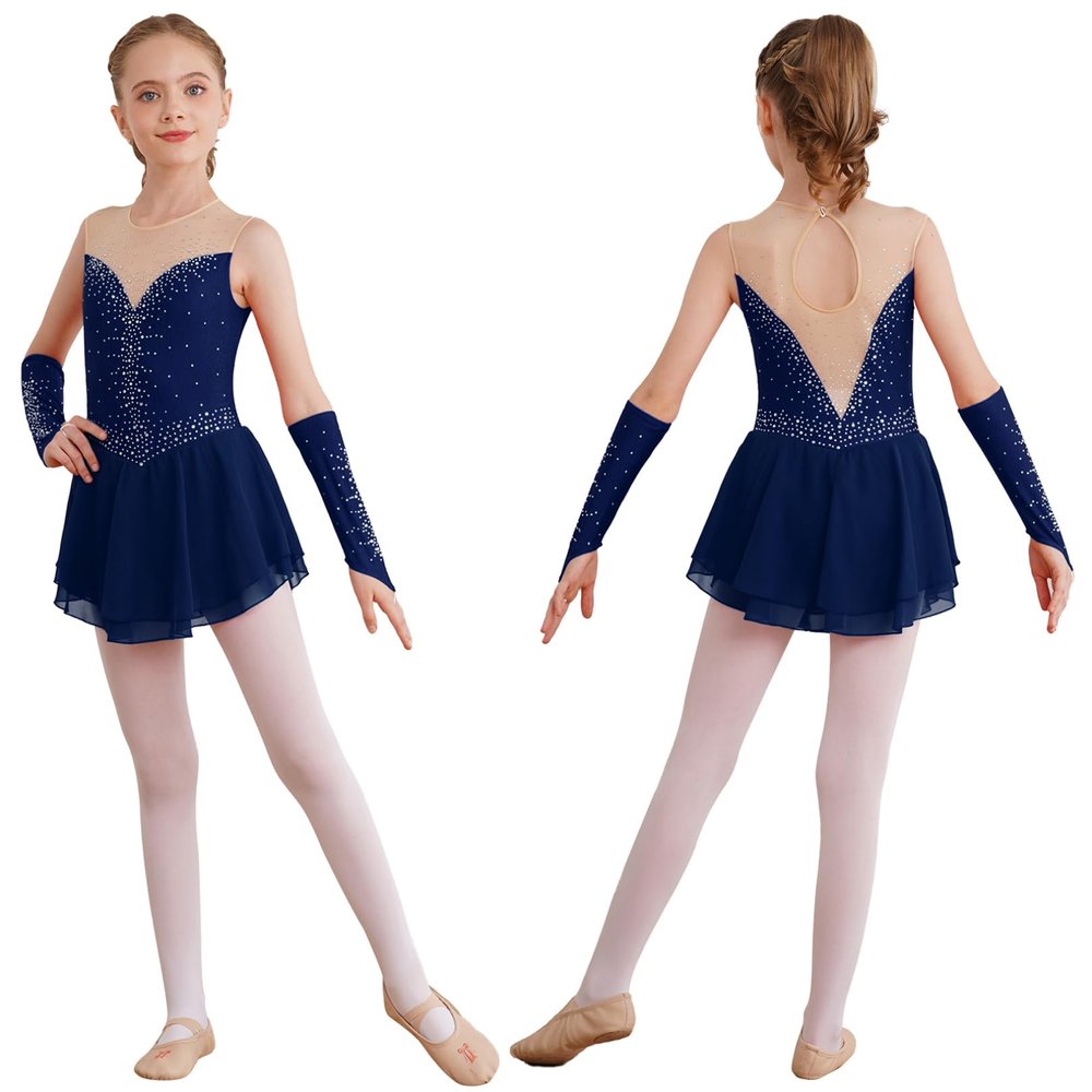 Agoky Girls Shiny Rhinestones Figure Skating Dress Ballet Lyrical Dance Costume Gymnastics Leotard Tutu Skirt Navy Blue D 8 Years