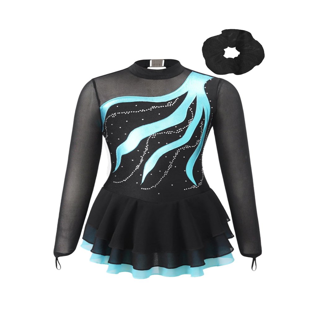 Agoky Girls Long Sleeve Figure Ice Roller Skating Dress Gymnastic Leotard Costume Lyrical Modern Contemporary Dancewear Lake Green 12 Years
