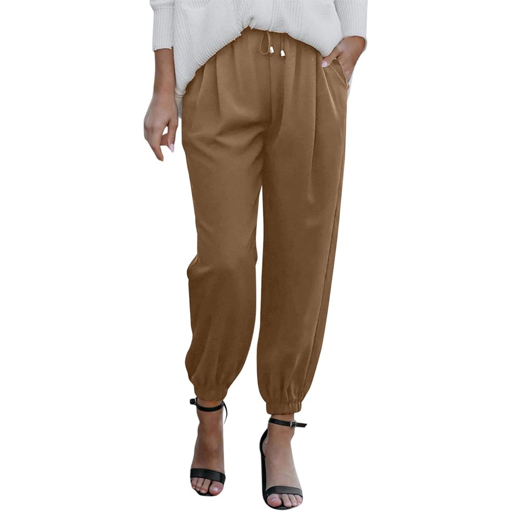 GOKKILRW Linen Pants for Women Casual Loose Elastic High Waisted Drawstring Solid Straight Leg Cotton Work Cropped Cinch Pants Khaki