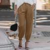 GOKKILRW Linen Pants for Women Casual Loose Elastic High Waisted Drawstring Solid Straight Leg Cotton Work Cropped Cinch Pants Khaki view 2
