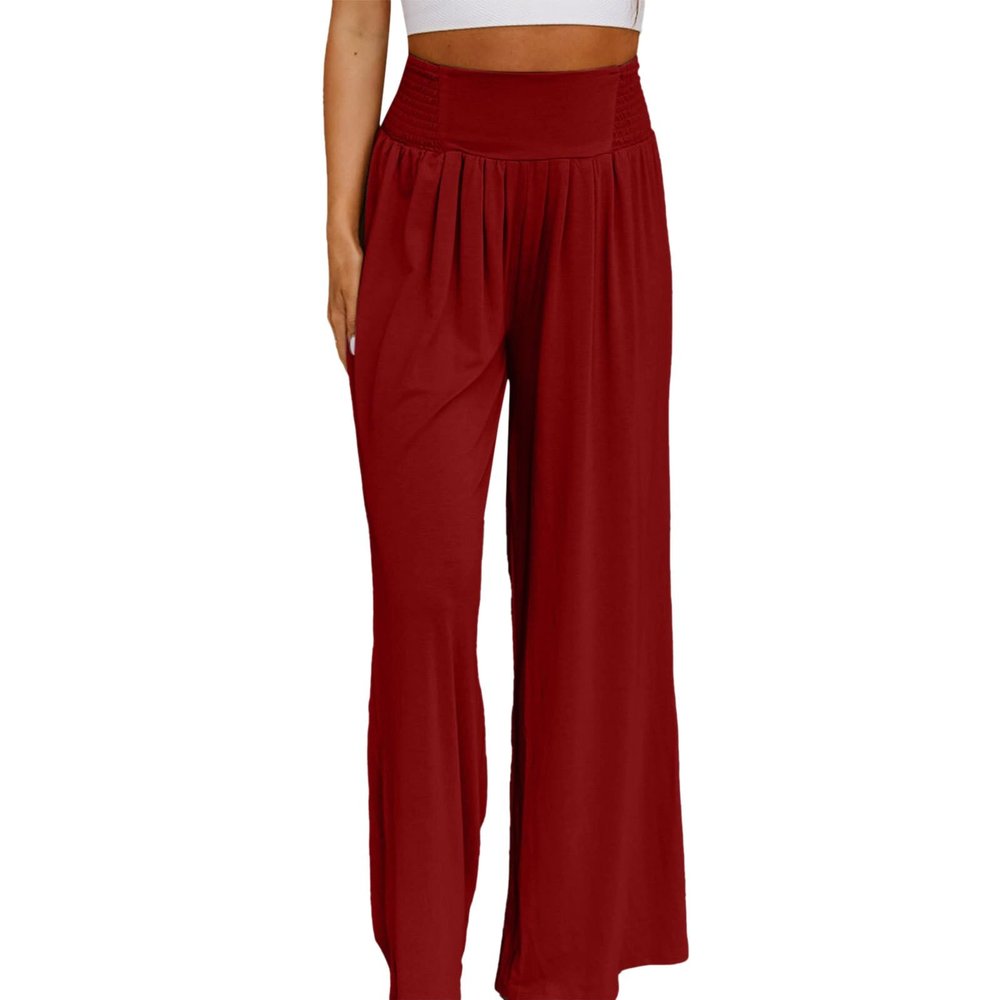 GOKKILRW Womens Casual Wide Leg Pants Lightweight Cotton Linen Flowy Elastic Waist High Rise Work Palazzo Yoga Beach Pants Wine