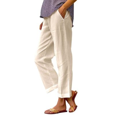 GOKKILRW Womens Casual Loose Elastic Waist Cotton Pants Cropped Lightweight Office Work Straight Leg Beach Boho Capri Pants Khaki