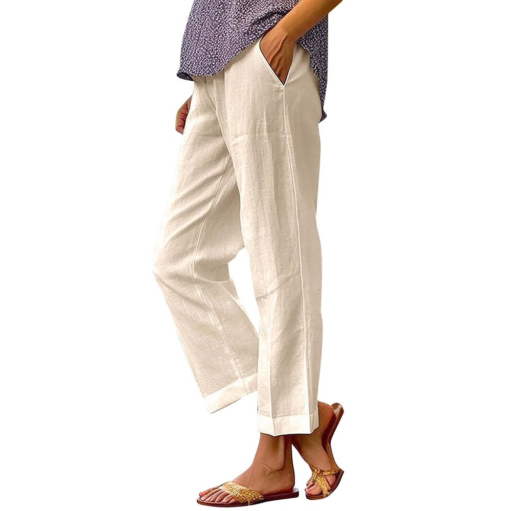 GOKKILRW Womens Casual Loose Elastic Waist Cotton Pants Cropped Lightweight Office Work Straight Leg Beach Boho Capri Pants Khaki