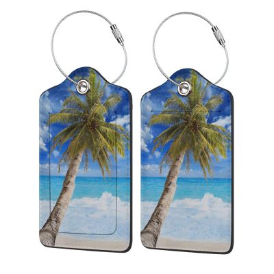Custom Luggage Tag Personalized Your Own Text, Image, Photo, Logo Customized Travel Suitcases Labels Tags with Full Privacy Card and Stainless Steel Loop, 1 PCS PU Leather Baggage Tags, Palm Tree