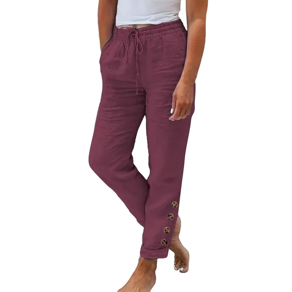GOKKILRW Womens Casual Loose Pants Straight Leg Buttons Hem Elastic Waist Drawstring Comfy Cropped Work Pants with Pockets Red