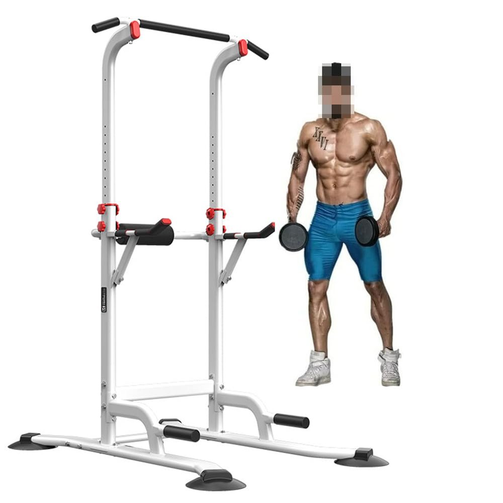 Power Tower Dip Station Pull Up Bar Multi-Function Adjustable Strength Training Workout Equipment Suitable for Home Fitness Exercise, White