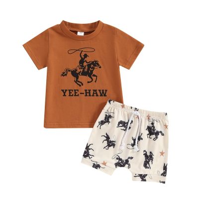 SAYOO Infant Baby Boy Farm Clothes Western Cow/Animals Farm Themed Shirt Top Solid Short Pant 2Pcs Summer Short Outfits (Cow Brown Beige, 12-18 Months)