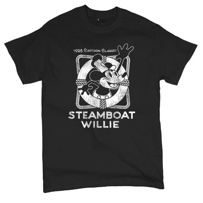 Steamboat Willie Vintage Life Preserver T-Shirt 1928 Cartoon Classic Timeless Retro Iconic Mouse Beach Men's Tee Black XX-Large