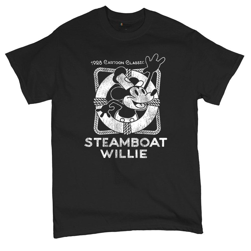 Steamboat Willie Vintage Life Preserver T-Shirt 1928 Cartoon Classic Timeless Retro Iconic Mouse Beach Men's Tee Black XX-Large