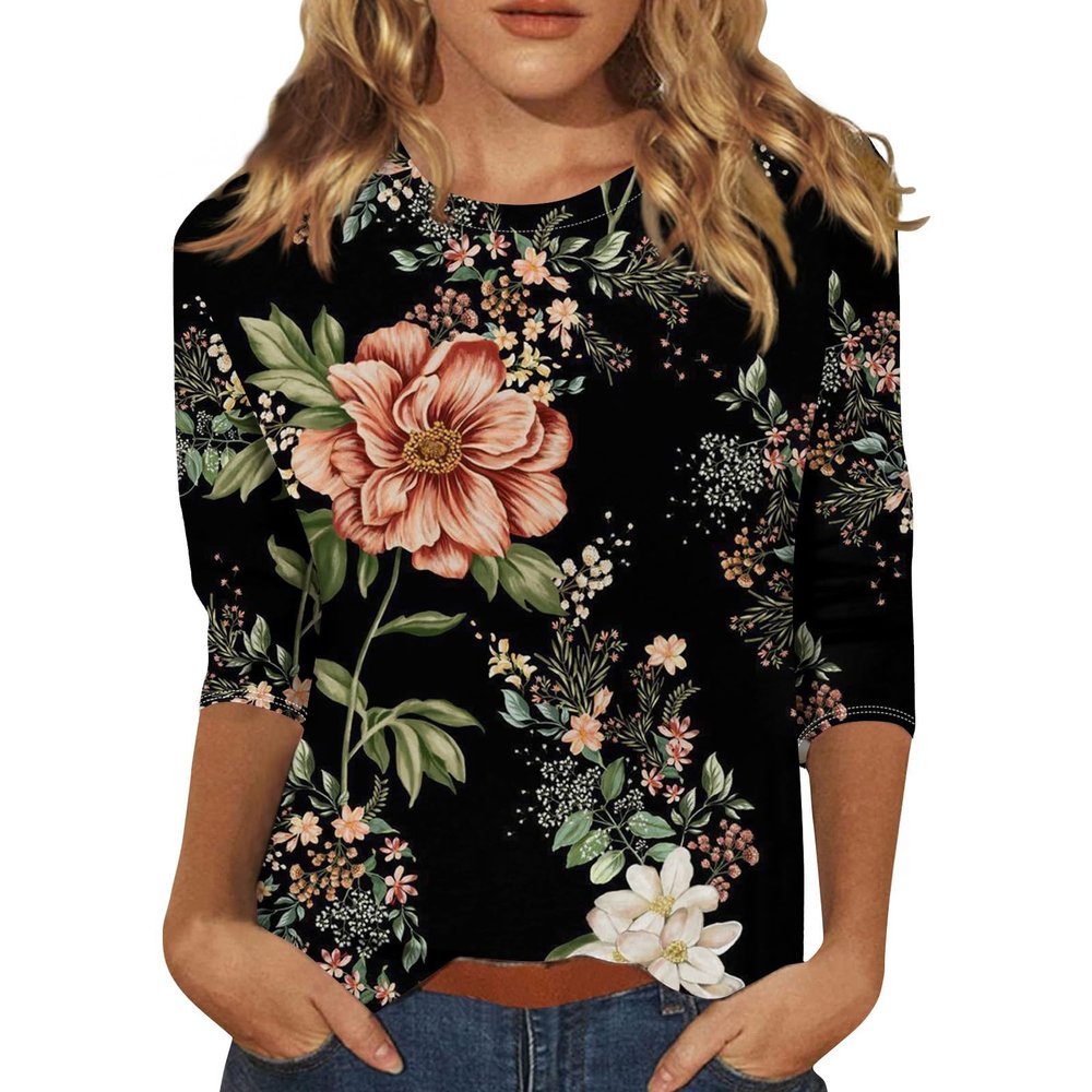 slqdgmryz 3/4 Sleeve Tops for Women Plus Size Round Neck Tshirts Shirts Spring Printed Floral Blouses Casual Ethnic Three Quarter Loose Cute Tunic Tops to with Leggings Womens Plus Size Tops 2025