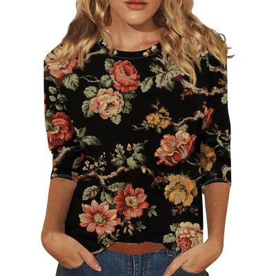 3/4 Sleeve Tops for Women Plus Size Round Neck Tshirts Shirts Spring Printed Floral Blouses Casual Trendy Loose Three Quarter Sleeve Tunic Tops to with Leggings Plus Size Tops for Women 2025