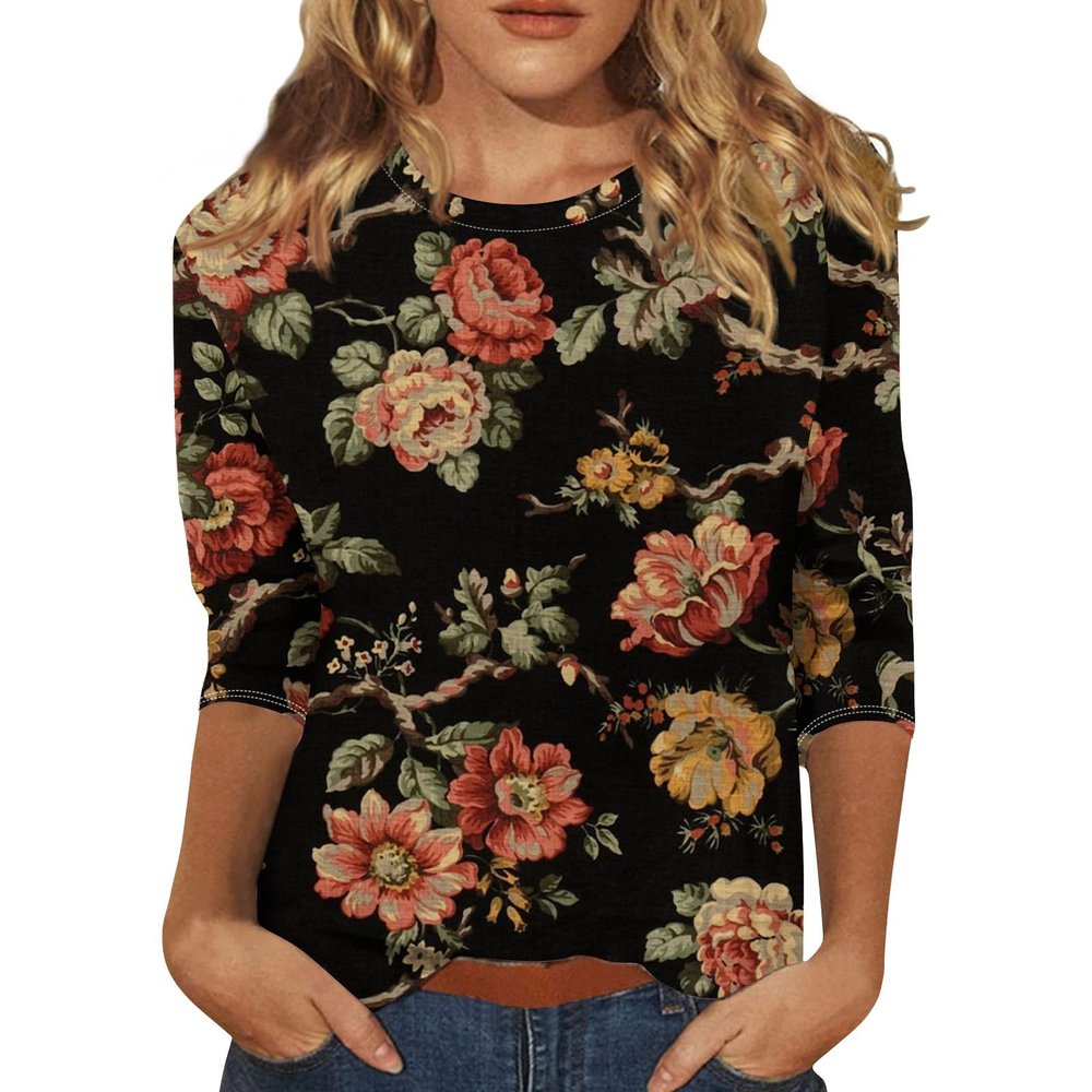 3/4 Sleeve Tops for Women Plus Size Round Neck Tshirts Shirts Spring Printed Floral Blouses Casual Trendy Loose Three Quarter Sleeve Tunic Tops to with Leggings Plus Size Tops for Women 2025