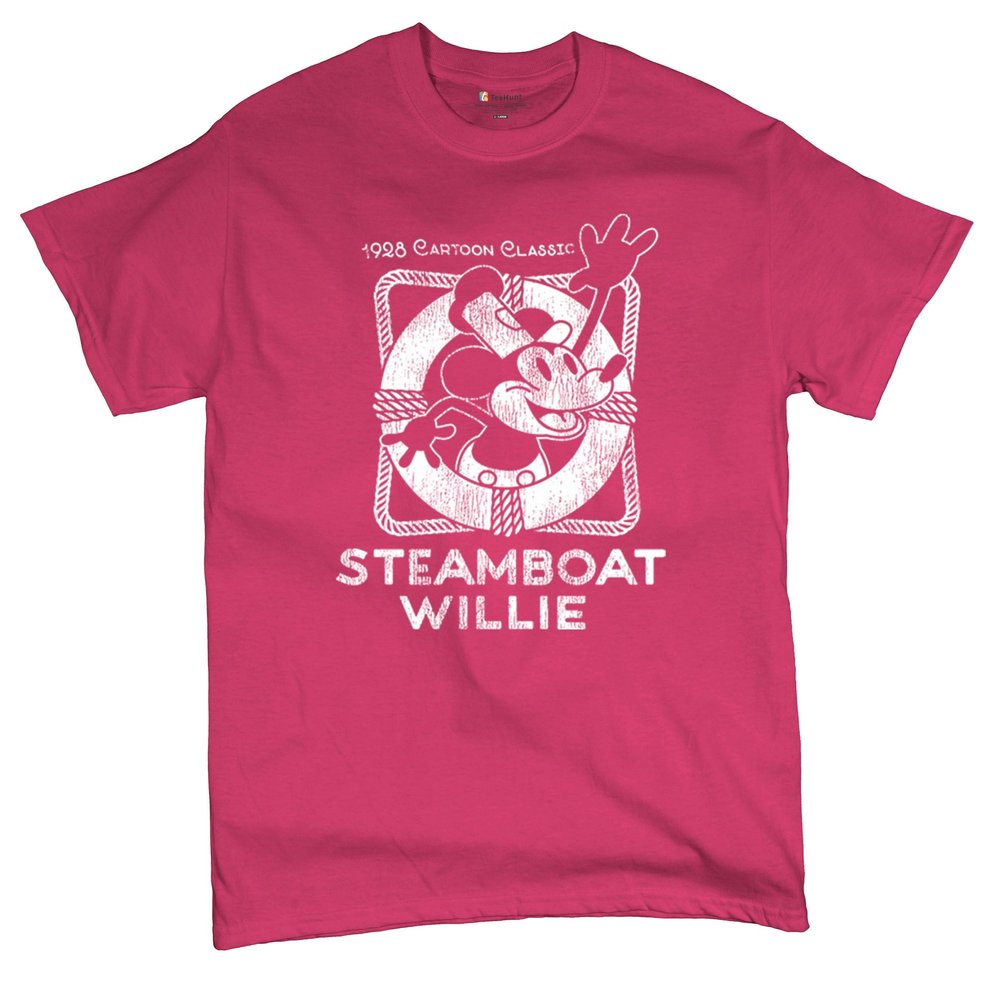 Steamboat Willie Vintage Life Preserver T-Shirt 1928 Cartoon Classic Timeless Retro Iconic Mouse Beach Men's Tee Hot Pink XX-Large