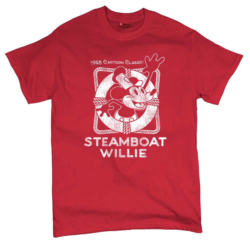 Steamboat Willie Vintage Life Preserver T-Shirt 1928 Cartoon Classic Timeless Retro Iconic Mouse Beach Men's Tee Red XX-Large