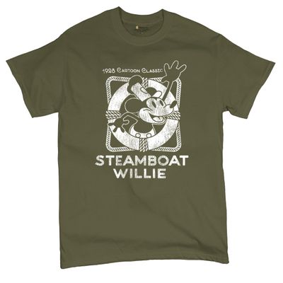 Steamboat Willie Vintage Life Preserver T-Shirt 1928 Cartoon Classic Timeless Retro Iconic Mouse Beach Men's Tee Military Green XX-Large