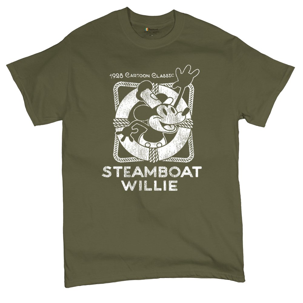 Steamboat Willie Vintage Life Preserver T-Shirt 1928 Cartoon Classic Timeless Retro Iconic Mouse Beach Men's Tee Military Green XX-Large