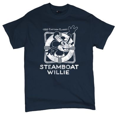 Steamboat Willie Vintage Life Preserver T-Shirt 1928 Cartoon Classic Timeless Retro Iconic Mouse Beach Men's Tee Navy Blue XX-Large