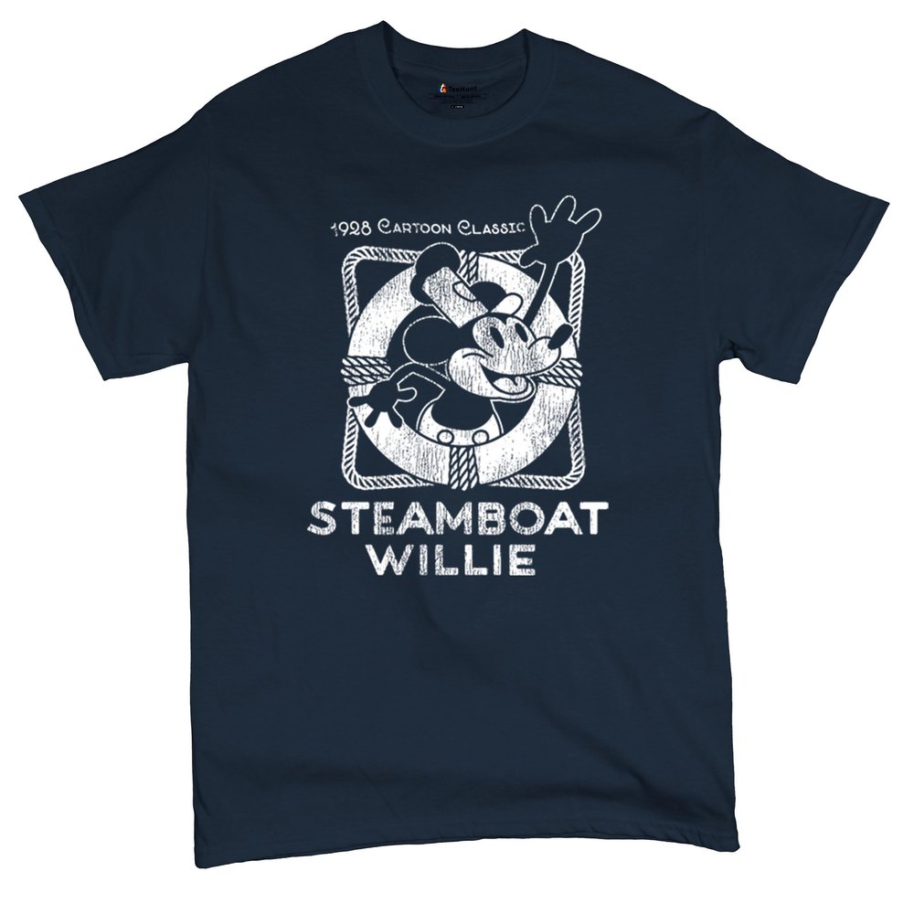 Steamboat Willie Vintage Life Preserver T-Shirt 1928 Cartoon Classic Timeless Retro Iconic Mouse Beach Men's Tee Navy Blue XX-Large