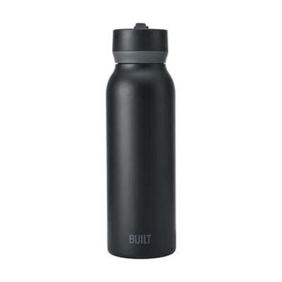 BUILT 40oz Cascade Double Wall Vacuum Insulated Stainless Steel Water Bottle with Wide Mouth Straw Lid, Black