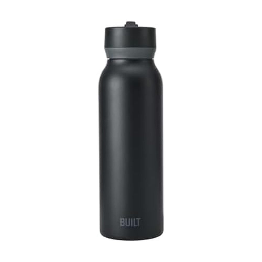 BUILT 40oz Cascade Double Wall Vacuum Insulated Stainless Steel Water Bottle with Wide Mouth Straw Lid, Black
