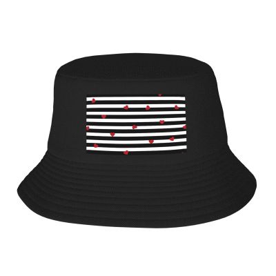 Black White Stripes Red Hearts Men Women Double Layer Fisherman Hat, Summer Outdoor Travel Bucket Hat/Sun Hat/Beach Hat