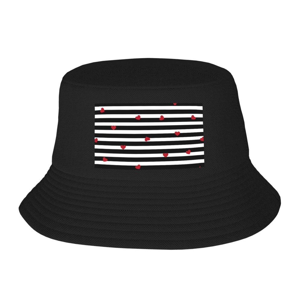 Black White Stripes Red Hearts Men Women Double Layer Fisherman Hat, Summer Outdoor Travel Bucket Hat/Sun Hat/Beach Hat