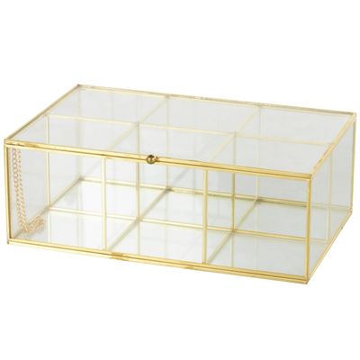 Deco 79 Glass Decorative Jewelry Box 6 Slot Jewelry Organizer with Gold Metal Frame and Chain Accent, Jewelry Holder 10" x 7" x 4", Clear