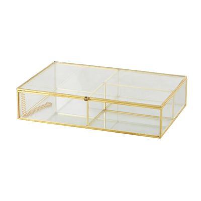 Deco 79 Glass Decorative Jewelry Box 3 Slot Jewelry Organizer with Gold Metal Frame and Chain Accent, Jewelry Holder 10" x 7" x 2", Clear