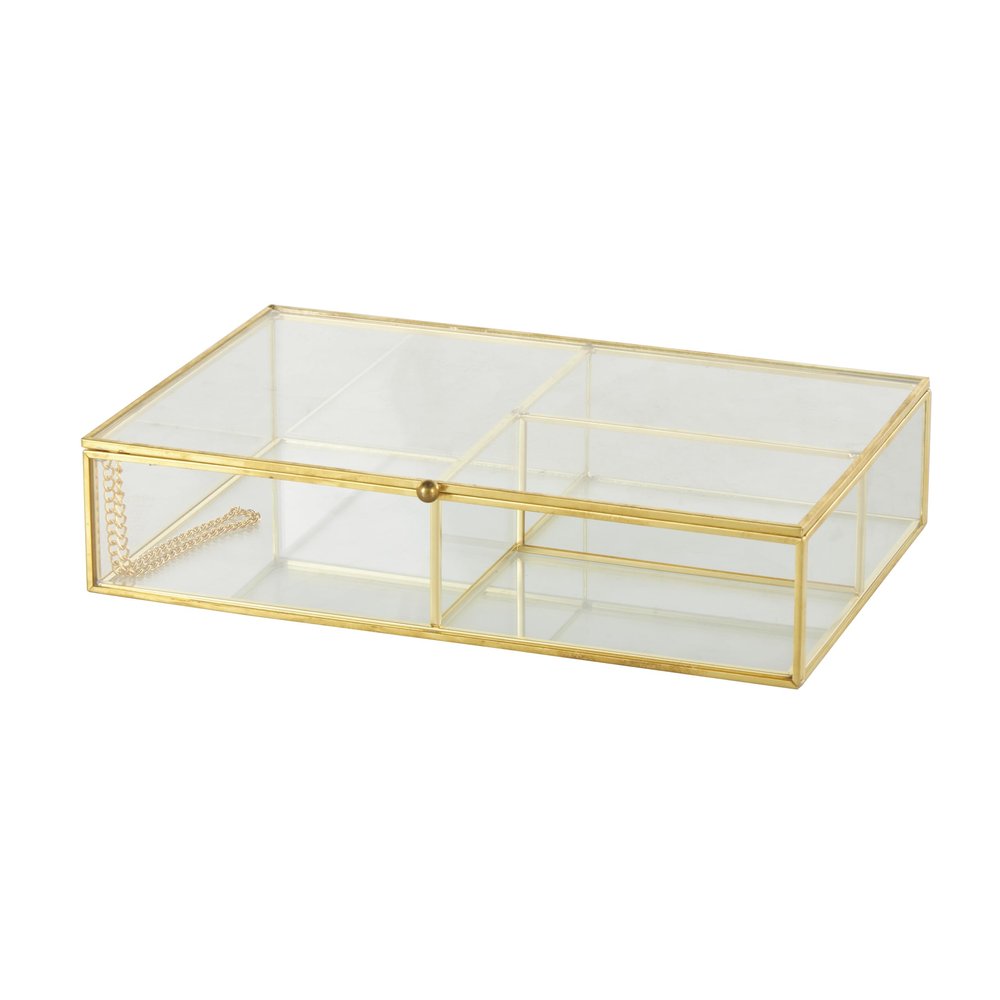 Deco 79 Glass Decorative Jewelry Box 3 Slot Jewelry Organizer with Gold Metal Frame and Chain Accent, Jewelry Holder 10" x 7" x 2", Clear