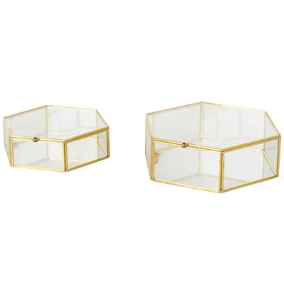 Deco 79 Glass Geometric Decorative Jewelry Box Hexagon Jewelry Organizers with Gold Metal Frame and Chain Accent, Set of 2 Jewelry Holder 8", 7"W, Clear