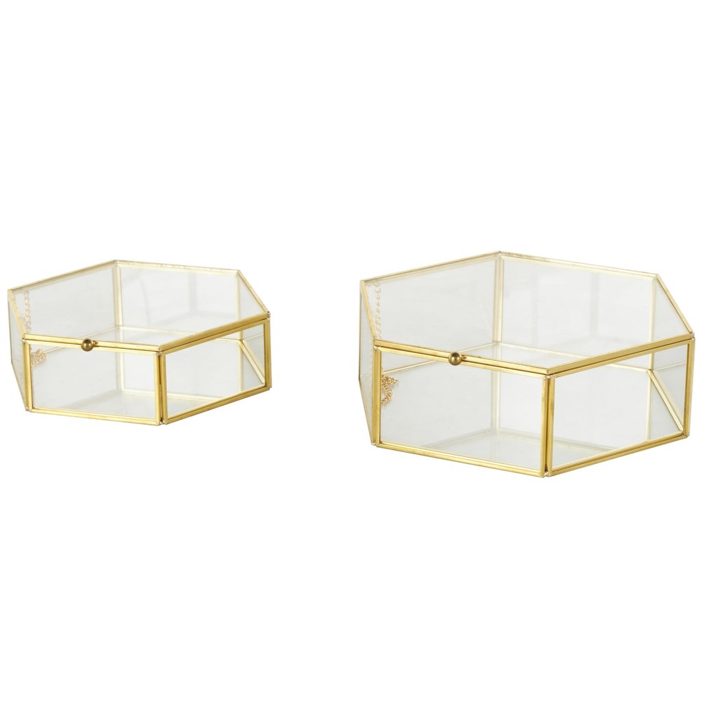 Deco 79 Glass Geometric Decorative Jewelry Box Hexagon Jewelry Organizers with Gold Metal Frame and Chain Accent, Set of 2 Jewelry Holder 8", 7"W, Clear