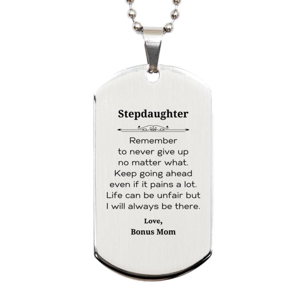 Amangny Stepdaughter Motivational Gifts from Mom, Remember to never give up no matter what, Inspirational Birthday Silver Dog Tag for Stepdaughter