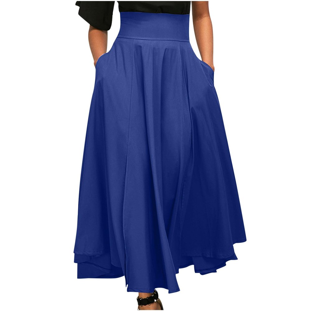 Summer Casual Skirts 2024 Home Women's High Waist Pleated Skirt Vintage A-Line Swing Skirt with Pockets Dressy Flowy Side Split Loose Work Long Skirt Blue