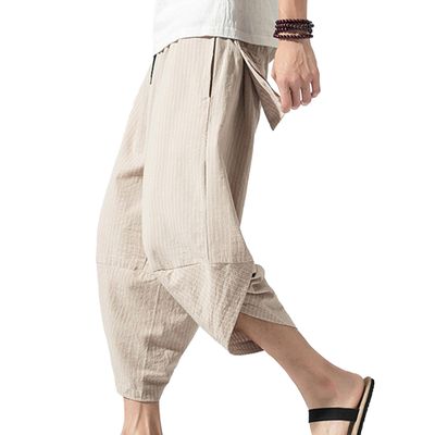 Maiyifu-GJ Men's Elastic Waist Casual Pants Loose Fit Stripe Cotton Linen Beach Pants Summer Drawstring Trousers (Light Khaki,5X-Large)