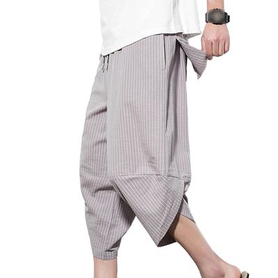 Maiyifu-GJ Men's Elastic Waist Casual Pants Loose Fit Stripe Cotton Linen Beach Pants Summer Drawstring Trousers (Grey,Medium)