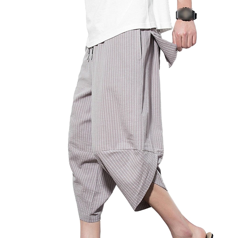 Maiyifu-GJ Men's Elastic Waist Casual Pants Loose Fit Stripe Cotton Linen Beach Pants Summer Drawstring Trousers (Grey,Medium)