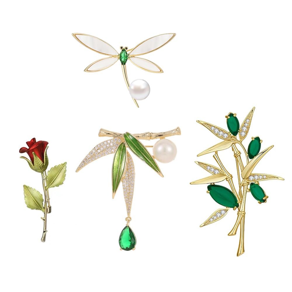 SHIDXIB 4Pcs Elegant Rhinestone Rose Dragonfly Bamboo Leaf Brooch Pin for Women Scarves Jackets and Dresses