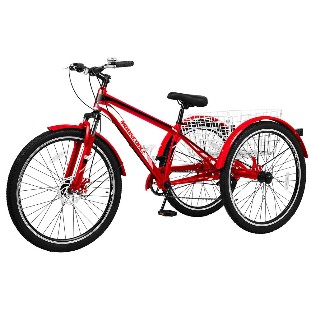 Barbella Adult Mountain Bike 7 Speed, 24/26/27.5 Inch Three Wheel Bike Mountain Tricycle Adult Tricycle Cruiser Trike, Adults Trikes with Shopping Basket, Exercise Men's Women's Tricycles, Red