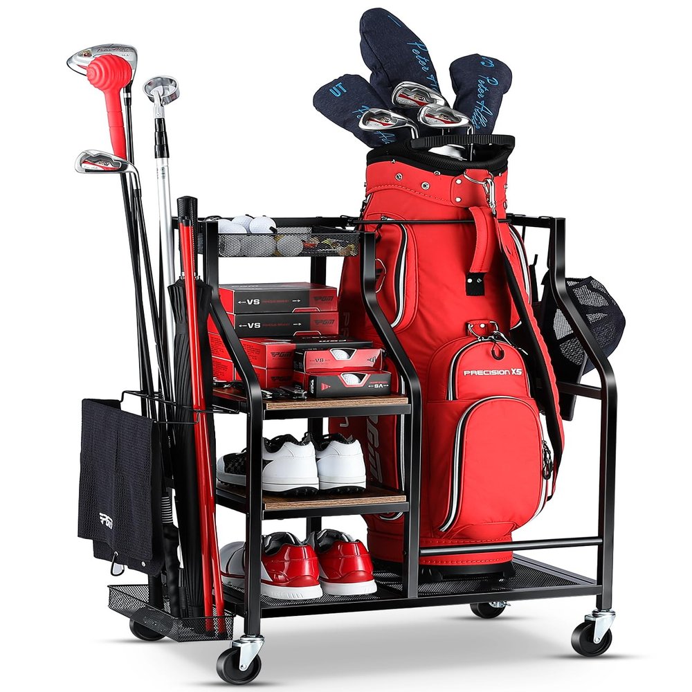 FHXZH Golf Bags Storage Garage Organizer Golf Bag Stand for Golf Bags, Clubs, Balls, Golf Equipment Accessories, Golf Bag Storage Rack with Wheels for Garage, Club, Basement (1 Golf Bag Organizer)