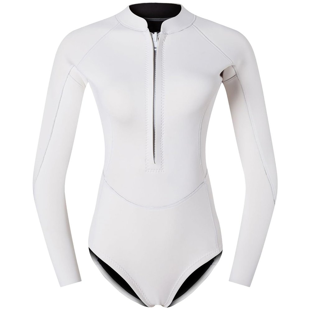 HSKJTT 2mm Neoprene Wetsuit, One Piece Diving Suit Women's Long Sleeved Swimwear with Front Zip Triangle Swimsuit Uv UPF 50+ Ladies Bodysuits,L, White