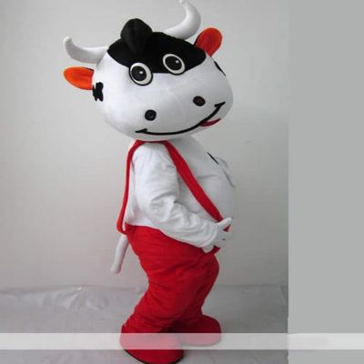 Cute Cow Mascot Costume in Red Overalls Adult Size for Men & Women with Built-in Fan Inside the Head