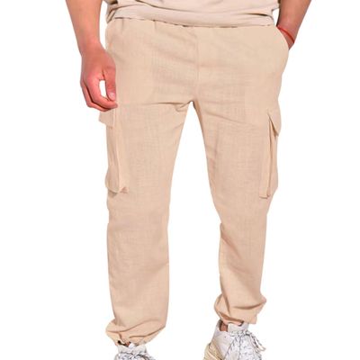 Maiyifu-GJ Men's Casual Loose Cotton Linen Pants Drawstring Elastic Waist Athletic Jogger Pants Summer Lightweight Sweatpants (Khaki,X-Large)