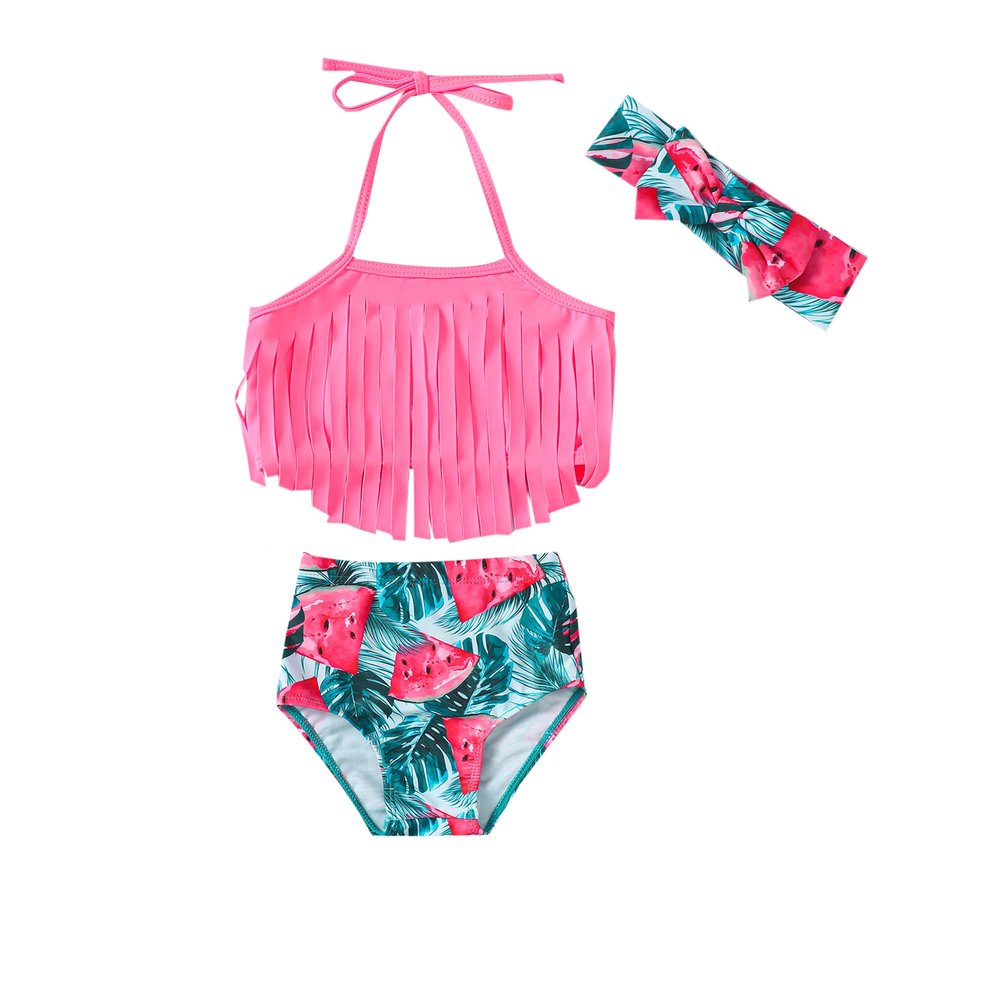 LYSMuch 3-Pieces Baby Girls Bikini Swimsuit Watermelon Pattern Bathing Suit Toddler Beach Tassels Swimwear (0-6 Months, Pink)