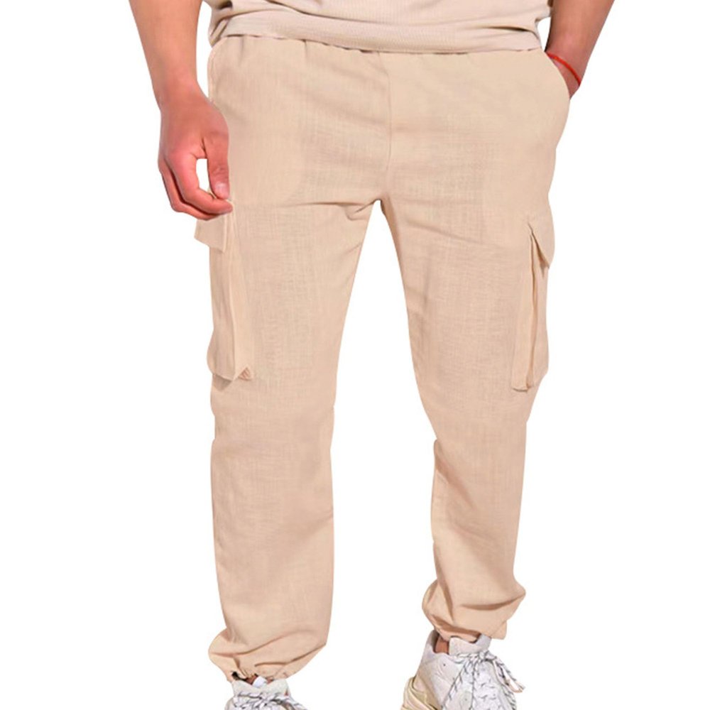 Maiyifu-GJ Men's Casual Loose Cotton Linen Pants Drawstring Elastic Waist Athletic Jogger Pants Summer Lightweight Sweatpants (Khaki,3X-Large)