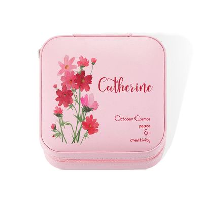 callie Personalized Birth Flower Jewelry Box for Women Mom, Custom Watercolor Leather Travel Jewelry Case, Mother's Day Wedding Birthday Gift for Her